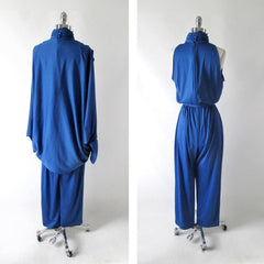 Vintage 80s Blue Jumpsuit Matching Cocoon Wrap L - Bombshell Bettys Vintage