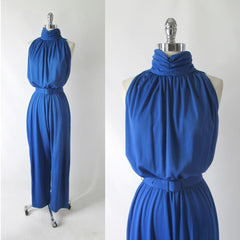 Vintage 80s Blue Jumpsuit Matching Cocoon Wrap L - Bombshell Bettys Vintage