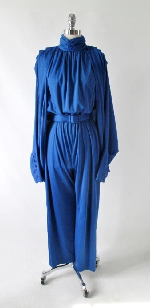 Vintage 80s Blue Jumpsuit Matching Cocoon Wrap L - Bombshell Bettys Vintage