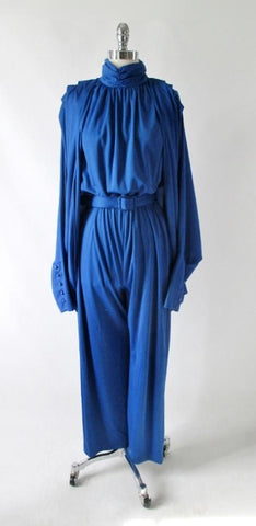 Vintage 80s Blue Jumpsuit Matching Batwing Cocoon Wrap L