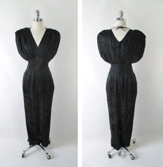 Vintage 80's Black Floral Wide Shoulder Silk Jumpsuit M - Bombshell Bettys Vintage