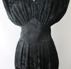 Vintage 80's Black Floral Wide Shoulder Silk Jumpsuit M - Bombshell Bettys Vintage