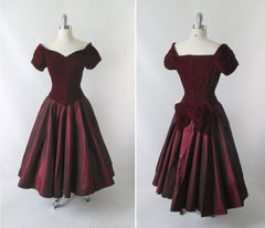 Vintage 80's / 50's Style Deep Red Velvet Sharkskin Taffeta Full Skirt Party Dress L - Bombshell Bettys Vintage