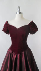 Vintage 80's / 50's Style Deep Red Velvet Sharkskin Taffeta Full Skirt Party Dress L - Bombshell Bettys Vintage