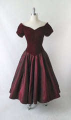 Vintage 80's / 50's Style Deep Red Velvet Sharkskin Taffeta Full Skirt Party Dress L - Bombshell Bettys Vintage
