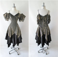 Vintage 70's Gold Off The Shoulders Handkerchief Hem Party Dress M - Bombshell Bettys Vintage