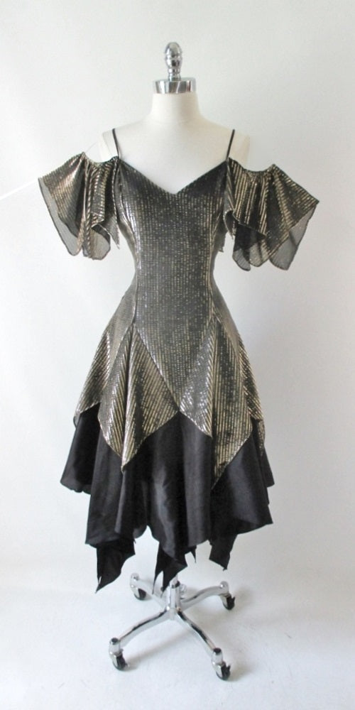 Vintage 70's Gold Off The Shoulders Handkerchief Hem Party Dress M - Bombshell Bettys Vintage