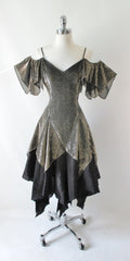 Vintage 70's Gold Off The Shoulders Handkerchief Hem Party Dress M - Bombshell Bettys Vintage