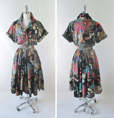 Vintage 80's Jungle Animal Print Full Skirt Day Dress L - Bombshell Bettys Vintage