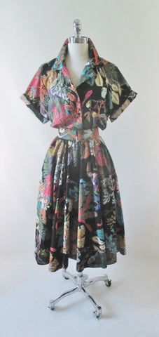 • Vintage 80's Jungle Animal Print Full Skirt Day Dress L