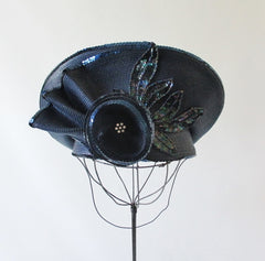 Vintage 80's Navy Blue Flower Sequins Derby Hat - Bombshell Bettys Vintage
