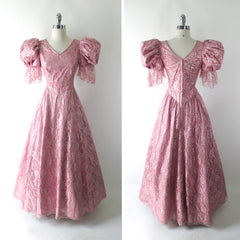Vintage 80's Shimmering Pink Lace Renaissance Party Dress / Gown S - Bombshell Bettys Vintage