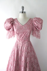 Vintage 80's Shimmering Pink Lace Renaissance Party Dress / Gown S - Bombshell Bettys Vintage