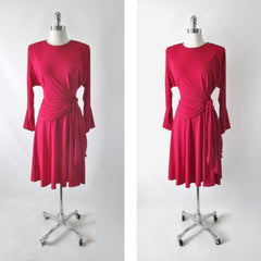 Vintage 80s Raspberry Red Side Tie Dress M - Bombshell Bettys Vintage