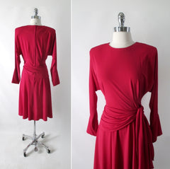 Vintage 80s Raspberry Red Side Tie Dress M - Bombshell Bettys Vintage