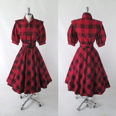 Vintage 80's 50's Style Full Skirt Red Plaid Flannel Dress S - Bombshell Bettys Vintage