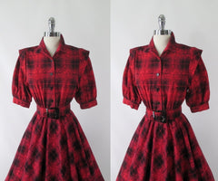 Vintage 80's 50's Style Full Skirt Red Plaid Flannel Dress S - Bombshell Bettys Vintage