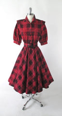Vintage 80's 50's Style Full Skirt Red Plaid Flannel Dress S - Bombshell Bettys Vintage
