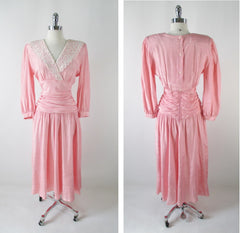 Vintage 80's Pink Lace Shawl Collar Special Occasion Dress - Bombshell Bettys Vintage