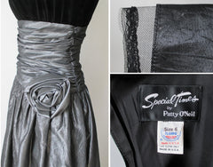 Vintage 80's Black Velvet Silver Taffeta Rosette Party Dress M - Bombshell Bettys Vintage