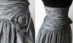 Vintage 80's Black Velvet Silver Taffeta Rosette Party Dress M - Bombshell Bettys Vintage