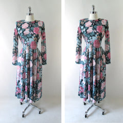 • Vintage 80's Soft Pink Roses Tea Dress M - Bombshell Bettys Vintage