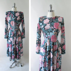 • Vintage 80's Soft Pink Roses Tea Dress M - Bombshell Bettys Vintage
