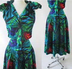 Vintage 80's Peace Lily Shoulder Tie Day Dress L - Bombshell Bettys Vintage