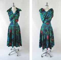Vintage 80's Peace Lily Shoulder Tie Day Dress L - Bombshell Bettys Vintage