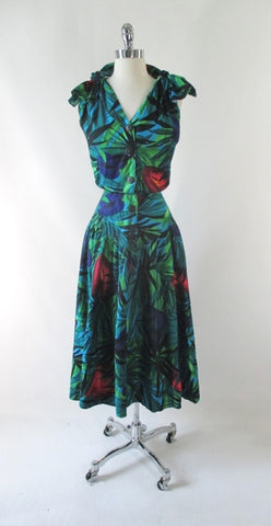 • Vintage 80's Peace Lily Shoulder Tie Day Dress L