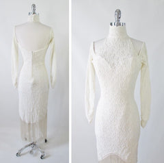 Vintage 80's / 90's Antique White Lace Fringe Bodycon Dress M - Bombshell Bettys Vintage