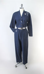 Vintage 80s Silver Stars Ziggy Jumpsuit Matching Belt Set S