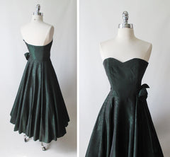 Vintage 90's Laura Ashley Strapless Green Floral Taffeta Party Dress Autumn/Winter 1990 XS - Bombshell Bettys Vintage
