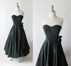 Vintage 90's Laura Ashley Strapless Green Floral Taffeta Party Dress Autumn/Winter 1990 XS - Bombshell Bettys Vintage