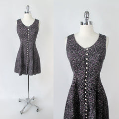 Vintage 90s Grunge Purple Flower Pearl Button Mini Dress M