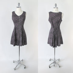 Vintage 90s Grunge Purple Flower Pearl Button Mini Dress M