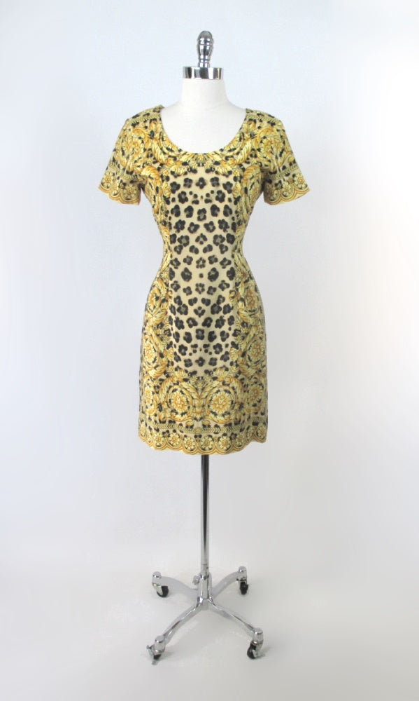 Vintage 90s Silk Baroque Scarf Leopard Dress S