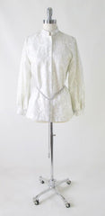 Vintage 60's MOD Silver Damask White Satin Nehru Evening Blouse / Jacket L - Bombshell Bettys Vintage