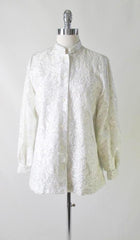 Vintage 60's MOD Silver Damask White Satin Nehru Evening Blouse / Jacket L - Bombshell Bettys Vintage