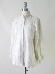 Vintage 60's MOD Silver Damask White Satin Nehru Evening Blouse / Jacket L - Bombshell Bettys Vintage