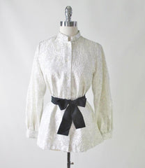 Vintage 60's MOD Silver Damask White Satin Nehru Evening Blouse / Jacket L - Bombshell Bettys Vintage