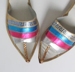 Vintage Greek Shimmering Gold Teal Pink Sandals Shoes Flats 6 - Bombshell Bettys Vintage