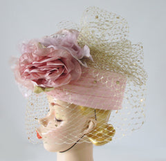Vintage WHITTALL & SHON Pink Roses Gold Net Veil Pillbox Hat - Bombshell Bettys Vintage