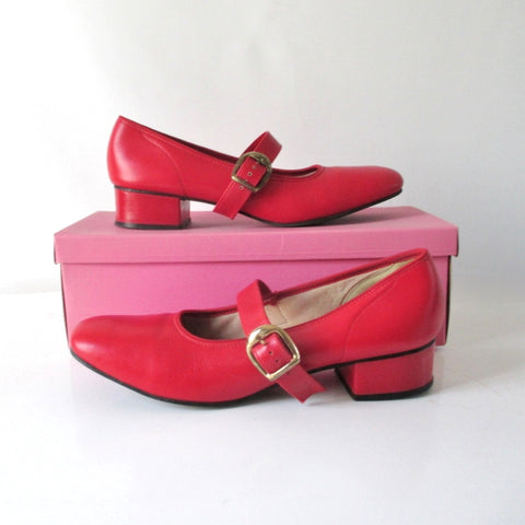 Vintage 60's Red Patent Mary Jane Square Dance Shoes In Box 8 1/2