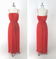 Vintage 70s Orange Accordion Pleat Disco Maxi Dress M