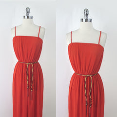 Vintage 70s Orange Accordion Pleat Disco Maxi Dress M