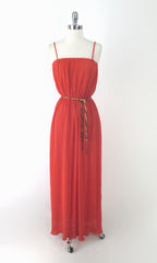 Vintage 70s Orange Accordion Pleat Disco Maxi Dress M