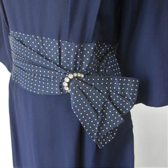 Vintage 50s Navy Blue Polka Dot Party Dress XL