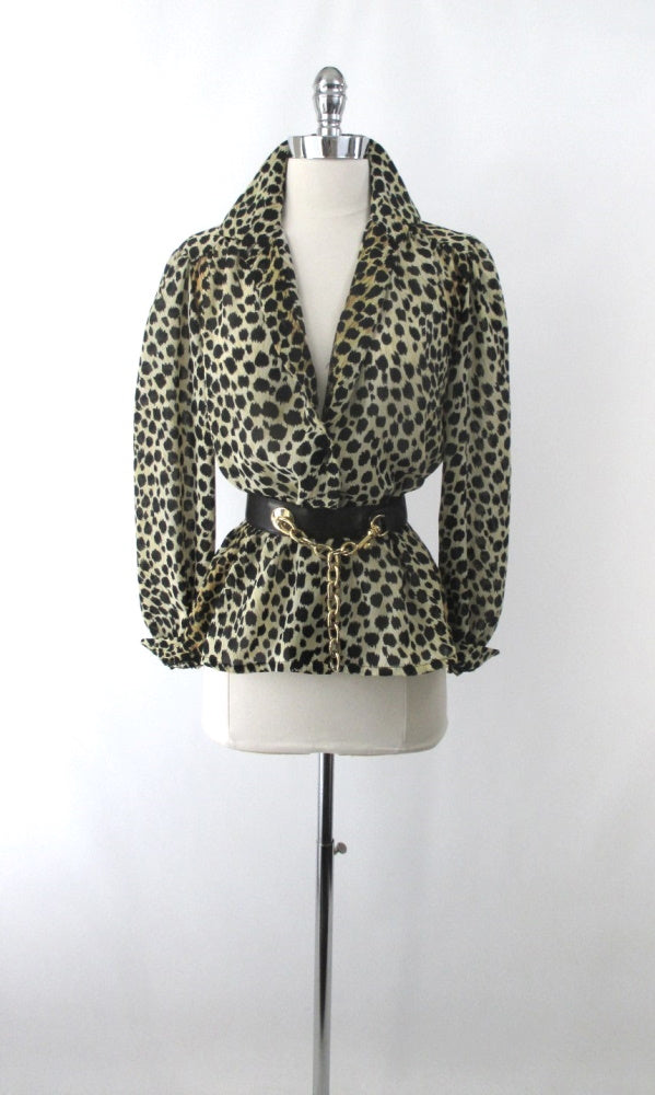 Vintage 70's Semi Sheer Leopard Blouse Top M