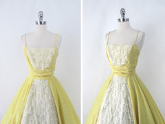 Vintage 50s Sunny Yellow & Lace Lilli Diamond Party Dress XS
